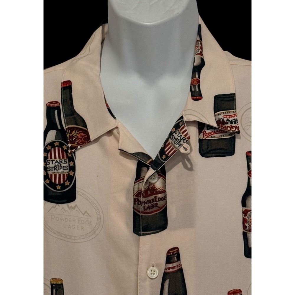 Ovadia & Sons Shirt Men L Beige Beer Bottle Flys Mall Brewery Loop Collar Button